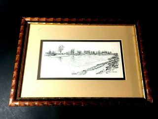Framed Pen And Ink Drawing Of A River Scene Signed By Bacleer