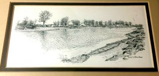 Framed Pen and Ink Drawing of a River Scene Signed by Bacleer 2