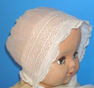 Antique Vtg Victorianwhite Cotton Lacy Baby Doll Bonnet For Bisque Or Compo Doll