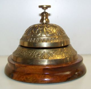 Antique Style Ornate Brass Wood Base Reception Desk Customer Service Call Bell