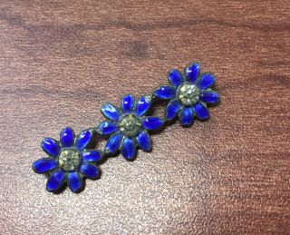 Antique Victorian Blue Enamel Daisy And Rhinestone Bar Pin Brooch 1 1/2”