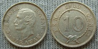 23: 1913h Malaysia Sarawak Rajah Charles J.  Brooke 10 Cents Silver Coin Xf Rare