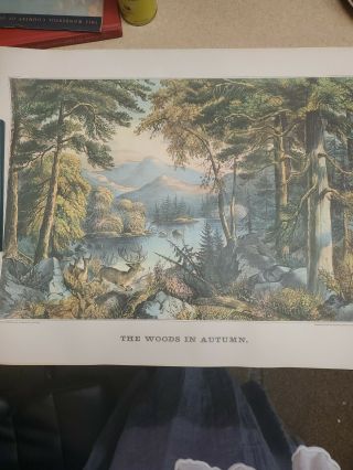 Vintage Currier And Ives The Woods In Autumn Lithograph 18x24