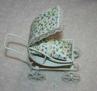 Vintage Dollhouse Miniature White Baby Buggy Pram Carriage Doll House Taiwan