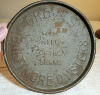 Rare Antique Embossed Tin Oyster Can Lid 1 Gallon J.  D.  Groves Baltimore Oysters