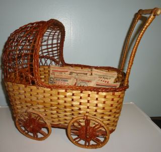 Vintage Natural Rattan Wicker Hooded Doll Buggy Stroller Baby Carriage Display