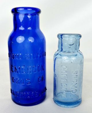 Antique Bromo Caffeine And Bromo Seltzer Blue Medicine Bottles Colors