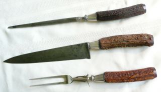 Vintage Meriden Cutlery Knife & Fork Carving Set W Sterling Silver & Elk Handles