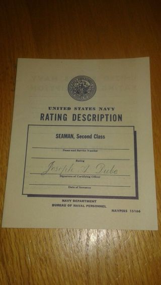 Vintage Wwii United States Navy Rating Description Seaman Second Class Rare
