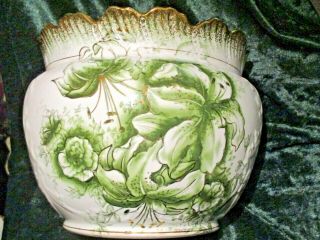 Antique Myott Son & Co Large Embossed Planter Green And Gold