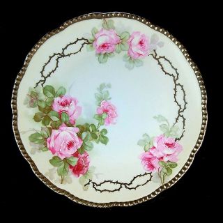 Antique Royal Rudolstadt Prussia Beyer Hand Painted Pink Roses Gold Trim Plate