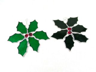 Stained Glass Christmas Holly Leaves Berries Vintage Leaded Glass Sun Catcher