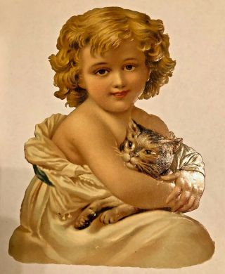 Antique Vintage Victorian Young Girl Holding Her Cat Die Cut Scrap