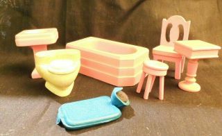 Doll House Furniture Vintage Bathroom Tub Sink Chairs Water Bottle Pink