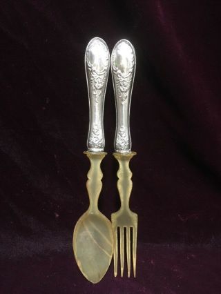 Vtg.  Antique 800 Silver Handle Salad Serving Spoon Fork Set W/bakelite
