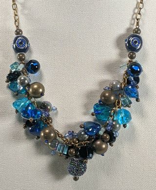 Chico’s Antique Brass Tone Blue Glass Beads Charm Necklace