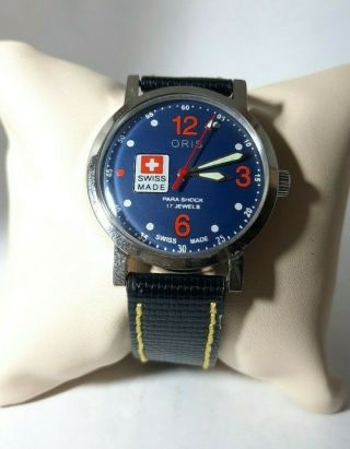 Vintage Swiss 17 J Steel Case Blue Dial Men ' s Wrist Watch 2