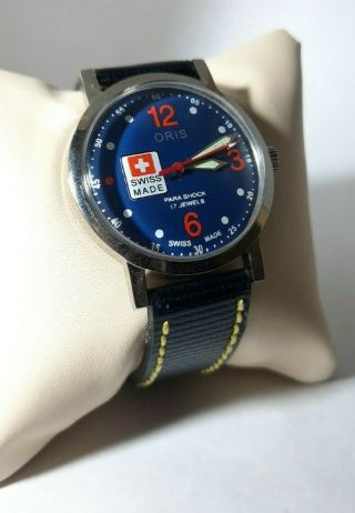 Vintage Swiss 17 J Steel Case Blue Dial Men ' s Wrist Watch 3