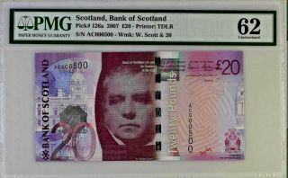 Rare Low Serial 20 Pounds Unc Bank Of Scotland 2007 P - 126a Ac000500