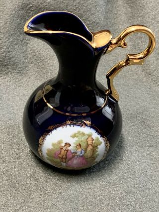Limoges Castel France Cobalt Blue Pitcher W/ 22k Gold Vintage Antique Vase