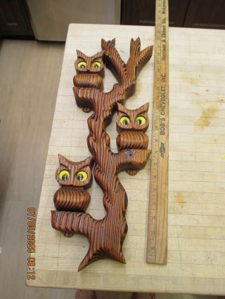 Vintage Mcm 60s Carved Wood 3 Owl Wall Hanging Holly Woodworking Old Forge Ny