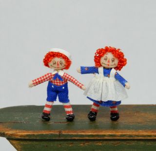 Vintage Clay Cloth Raggedy Ann Andy Nursery Toy Dolls Dollhouse Miniatures 1:12