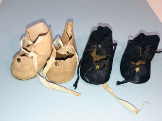 Vintage / Antique 2 Pair Baby Shoes With Bow And Ankle Strap,  Black / Tan