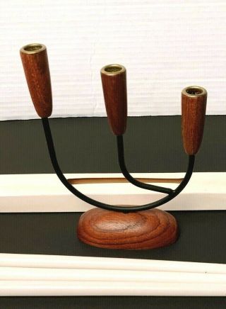 Vintage Danish Modern Teak Wood And Metal Candle Holder From Denmark 7 " Tall