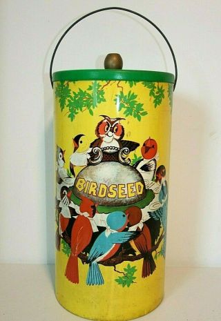Rare Vintage Birdseed Holder Pail Can W/lid & Handle Tin Litho Graphics Chein Co