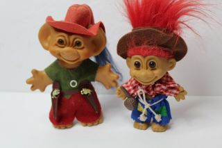 2 Vintage Troll Dolls Figures - Uneeda Wishnik Cowboy Russ Hillbilly