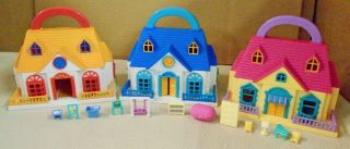 3 Vintage Blue Box Houses For Polly Pocket Dolls With Furniture (e)