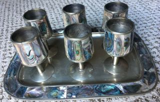 Vintage Alpaca Silver Mexico Abalone 6 Cordial Glasses Tray 7 Piece Ec