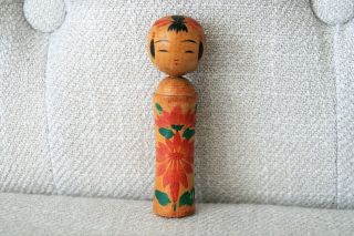 Vintage Old Japanese Wooden Kokeshi Doll 3 " Hand Painted Floral Collectible