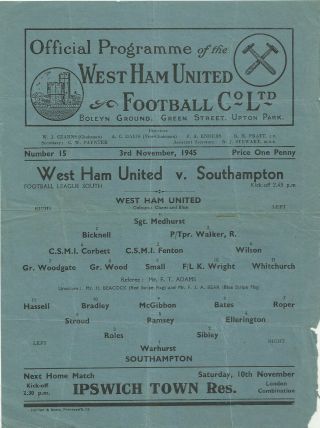 Rare Ww2 War - Time Football Programme West Ham United V Southampton 1945