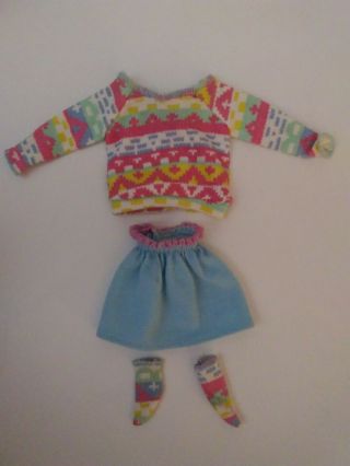 Barbie Clothes Vintage 1980s Blue Knit Skirt,  Knit Top And Matching Socks