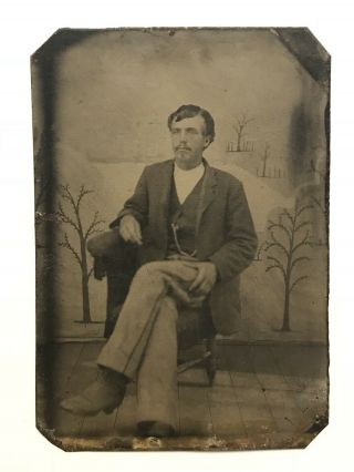 Rare Antique Handsome Sitting Man Civil War Era Tintype Photo