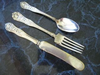 Vtg Silverplate Buster Brown Child Spoon Fork Knife Set Extra Coin Silver Plate