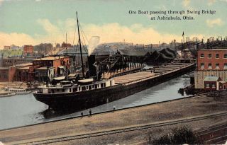 Ashtabula Ohio Ore Boat Passing Through Swing Bridge Antique Postcard J46050