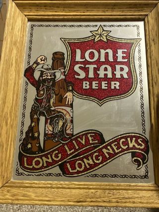 Rare Vintage Lone Star Beer Mirror Sign " Long Live Long Necks " Wood Frame Euc