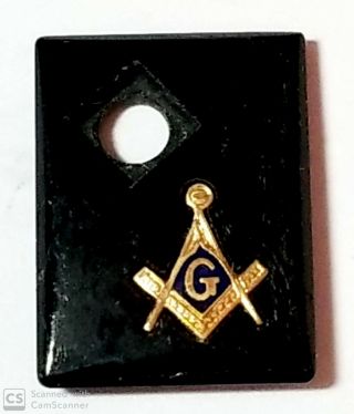 Antique Vintage Onyx Gold Masonic Emblem Enamel Rectangle Drilled Stone F634