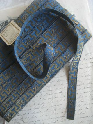 Antique/vintage French Metallic Gold/blue Greek Key Ribbon Trim Tape 11/16