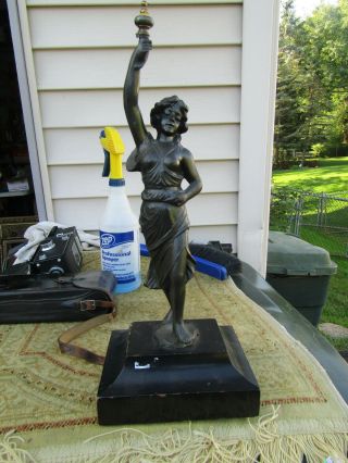 Art Deco Metal Statue Woman Walking One Arm Up On Wooden Base No Markings Or Mar