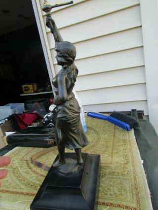 Art Deco Metal Statue Woman Walking One Arm Up On Wooden Base No Markings or Mar 3