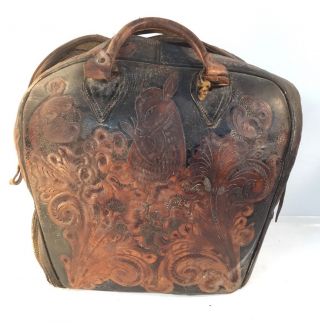 Rare And Unique Awesome Rustic Vintage Tooled Leather Bowling Bag - Deer Design