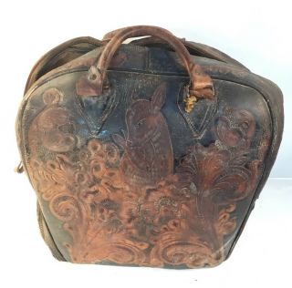 RARE AND UNIQUE AWESOME RUSTIC VINTAGE TOOLED LEATHER BOWLING BAG - DEER DESIGN 2