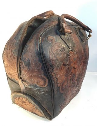 RARE AND UNIQUE AWESOME RUSTIC VINTAGE TOOLED LEATHER BOWLING BAG - DEER DESIGN 3