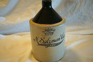 M.  Saltzman Co.  " Purity Above All " Stoneware 1/2 Gal Advertising Whiskey Jug