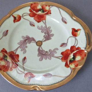 Antique Hp Porcelain 11 " Handled Cake Plate Poppies W Lush Gilt Signed E.  Donath
