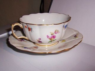Antique Meissen Cup & Saucer,  Hand Painted Assorted Flowers Full Size Perfect