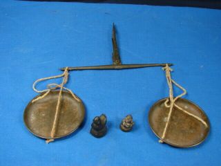 Antique Brass Gold Hanging Balance Scale With 2 Duck Weights